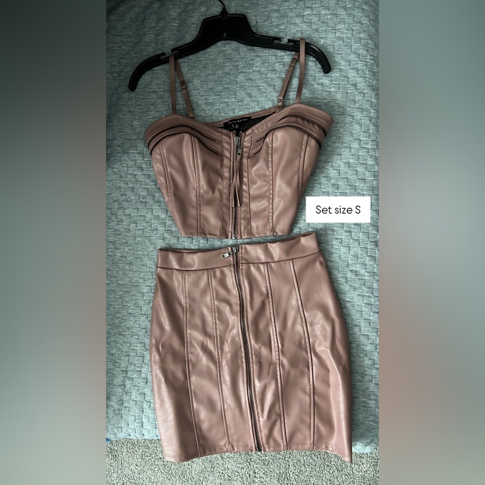 Faux Leather Skirt Set in Taupe